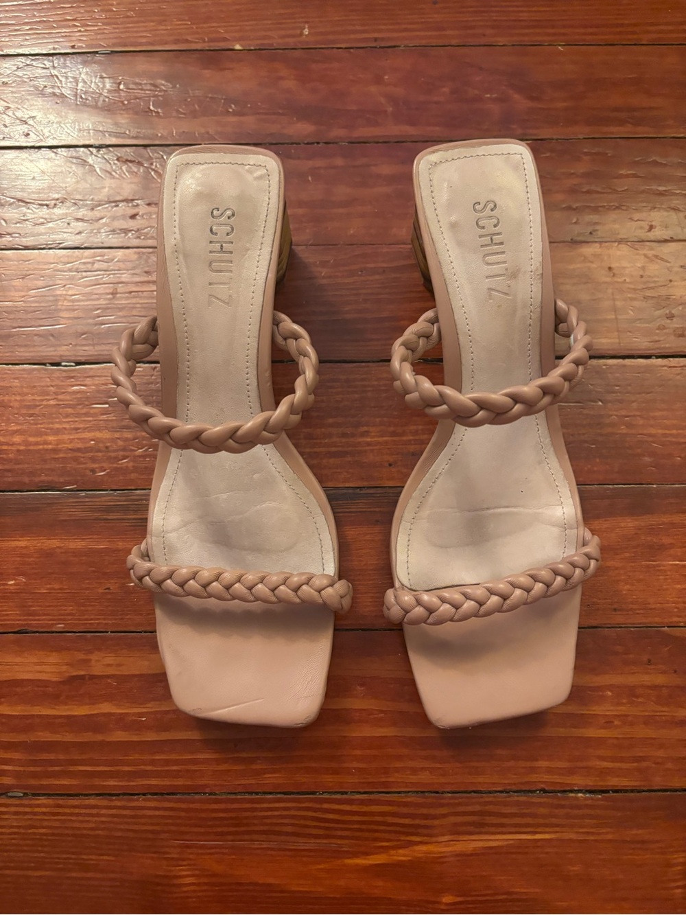 Schutz nude Braided Strap Block Heel Sandals